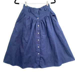 VTG Denim Midi Skirt Womens 5/6 Cottagecore Prairie Button Front Blue Cotton